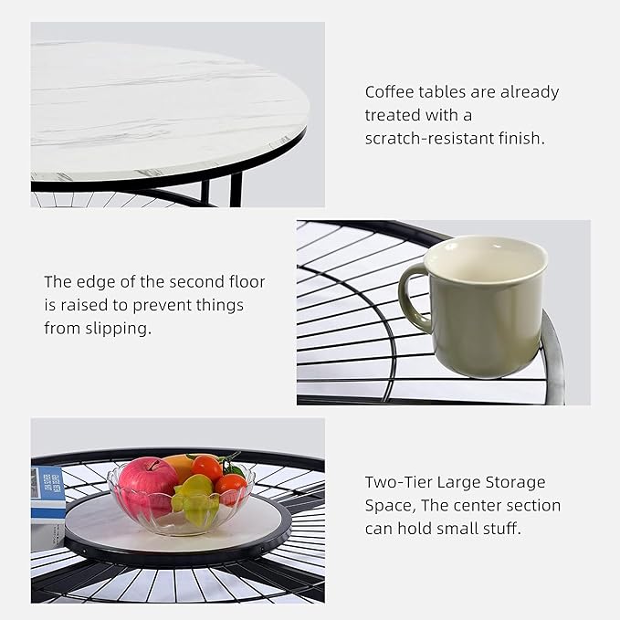 Designer Round Modern Center Table with White Marble Black Metal Finish