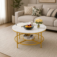 Designer Round Modern Center Table with White Marble Golden Metal Finish