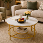 Designer Round Modern Center Table with White Marble Golden Metal Finish