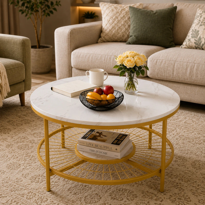 Designer Round Modern Center Table with White Marble Golden Metal Finish