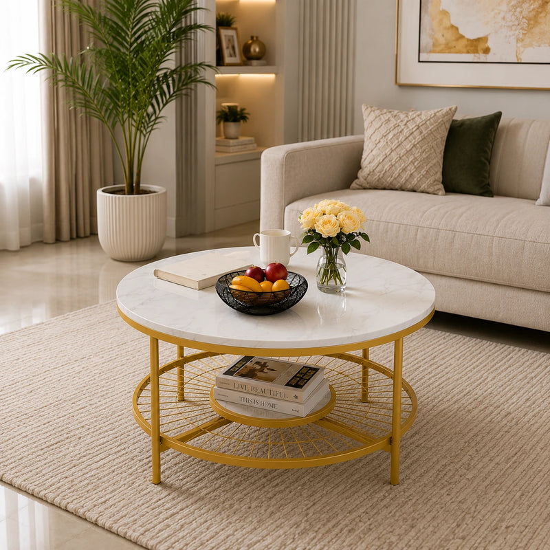 Designer Round Modern Center Table with White Marble Golden Metal Finish