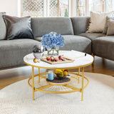 Designer Round Modern Center Table with White Marble Golden Metal Finish