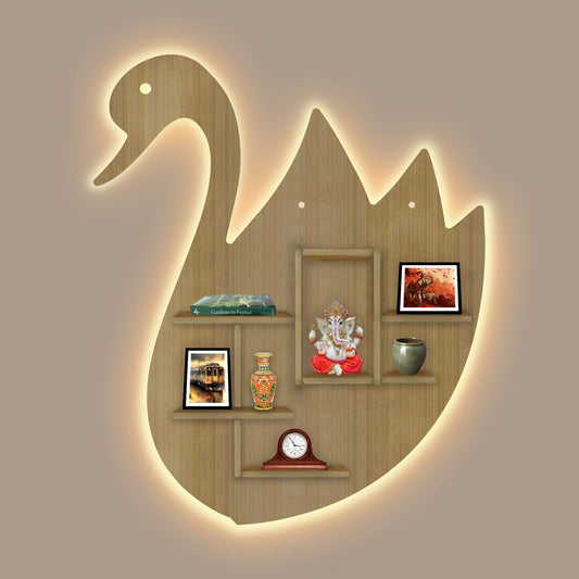 Designer Swan Shape Backlit Wooden LED Light Wall Shelf with Oak Finish