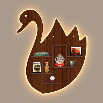 Designer Swan Shape Backlit Wooden LED Light Wall Shelf with Walnut Finish