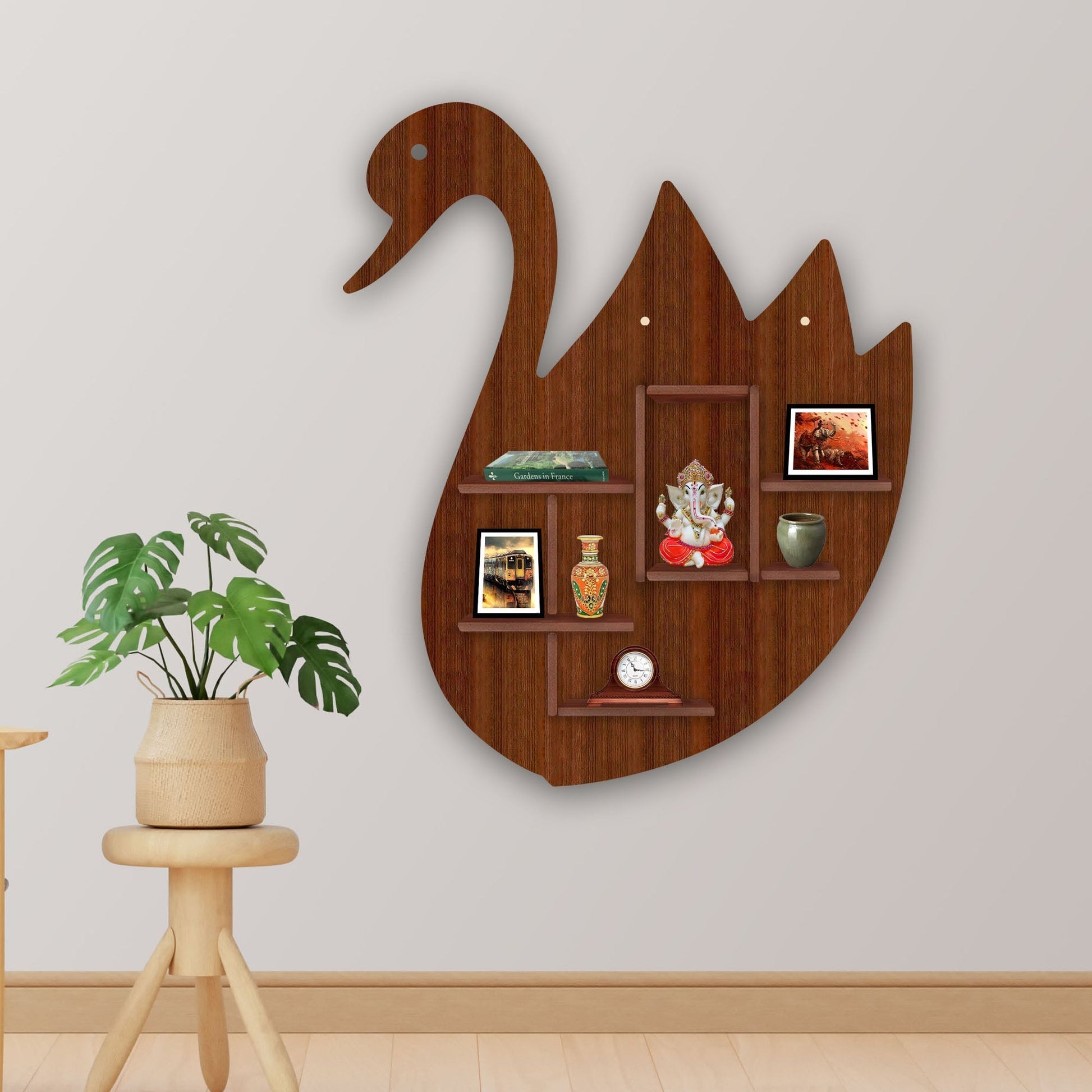 Swan Shape Backlit Wooden LED Light Wall Shelf with Walnut Finish