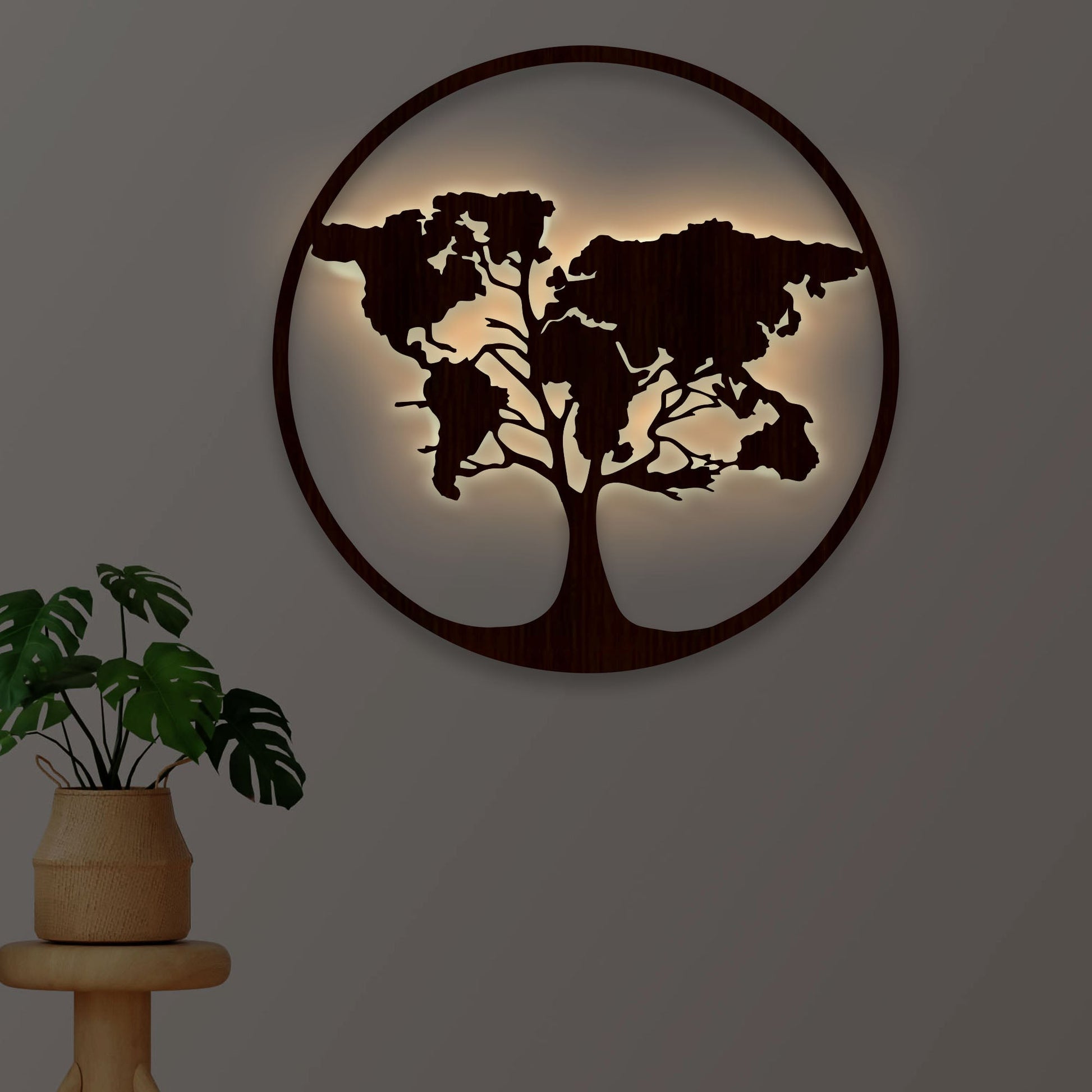 Designer World Map Tree Backlit Wooden Wall Art with LED Night Light Walnut Finish