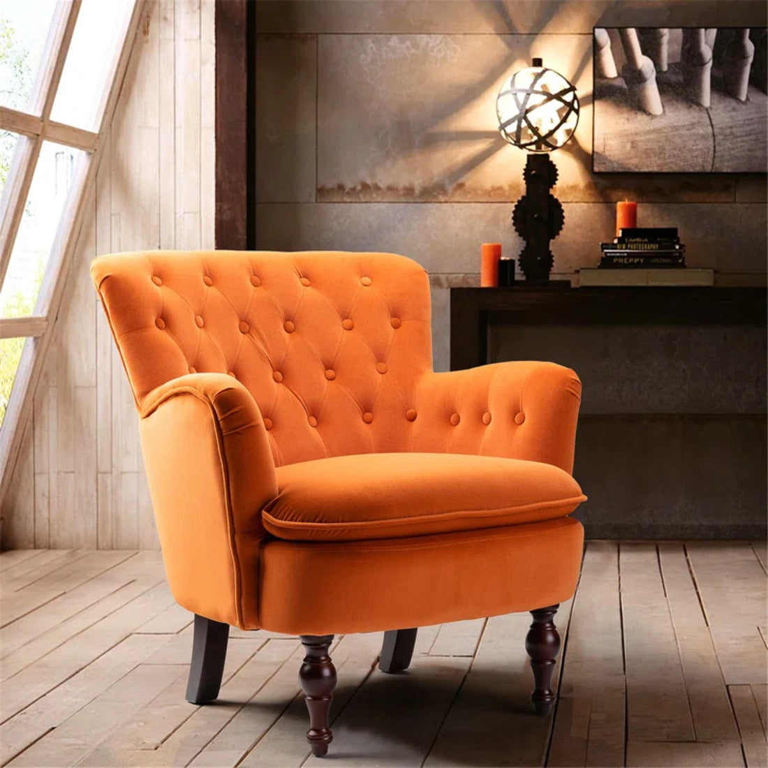 Detailed Tufted Super Comfy Orange Velvet Sofa Lounge Chair