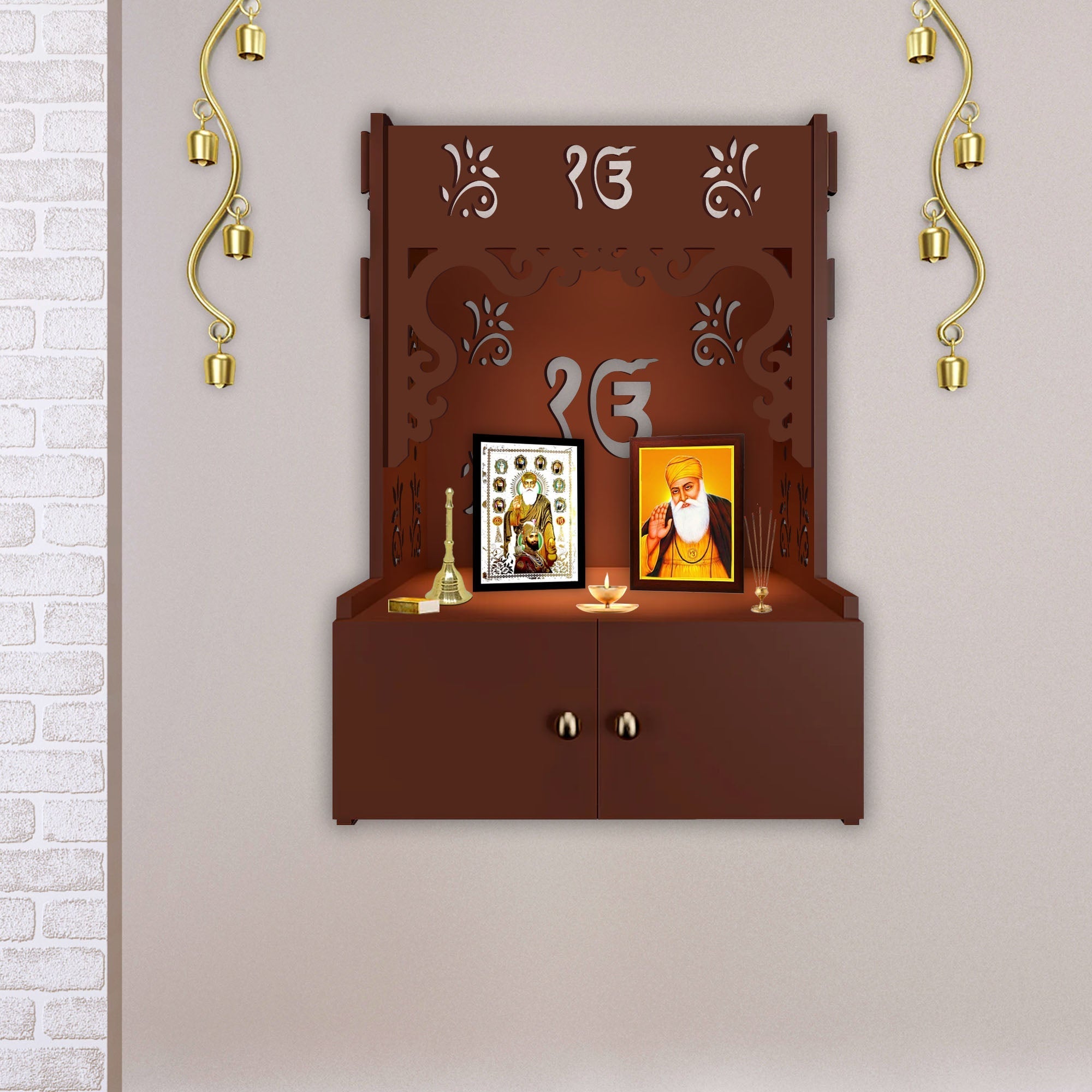 Ek-onkar Holy Symbol Brown Wooden Wall Temple for Home With Inbuilt fo ...