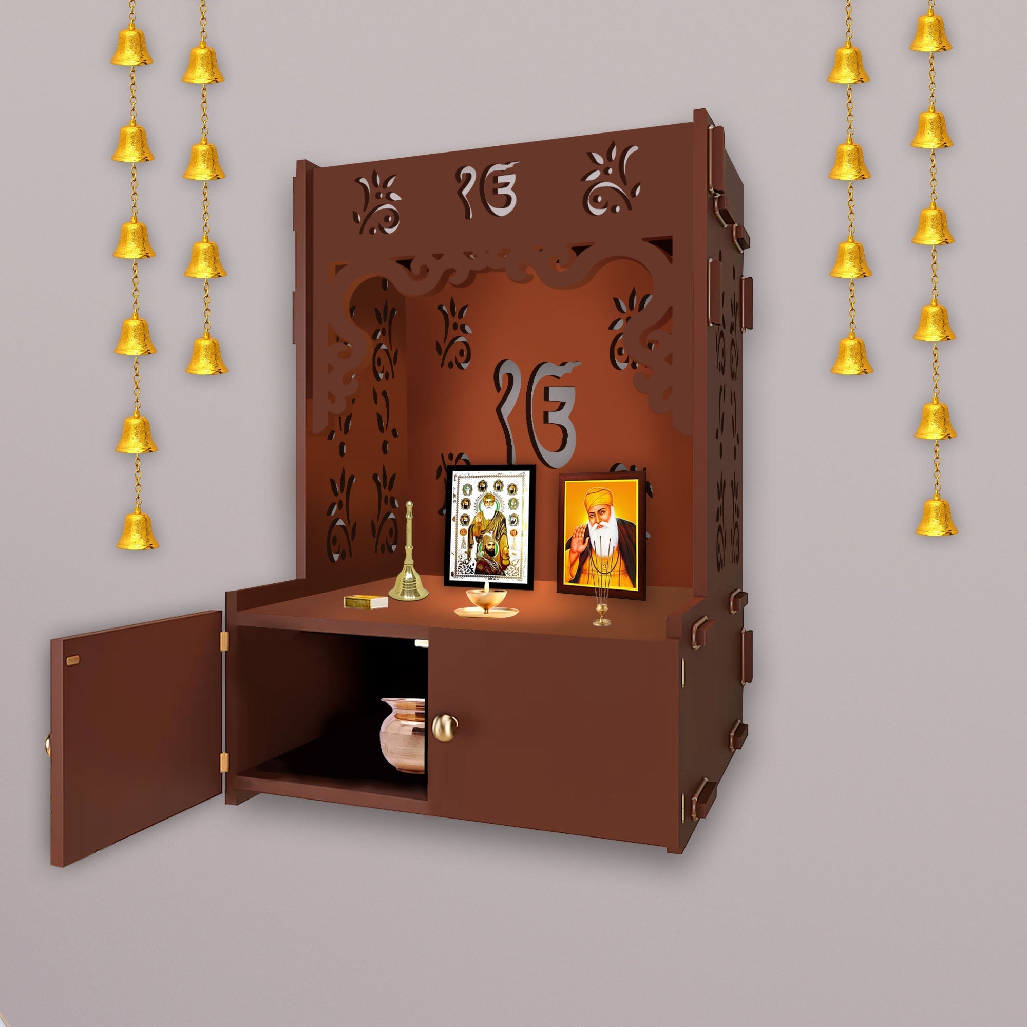 Ek-onkar Holy Symbol Brown Wooden Wall Temple for Home With Inbuilt fo