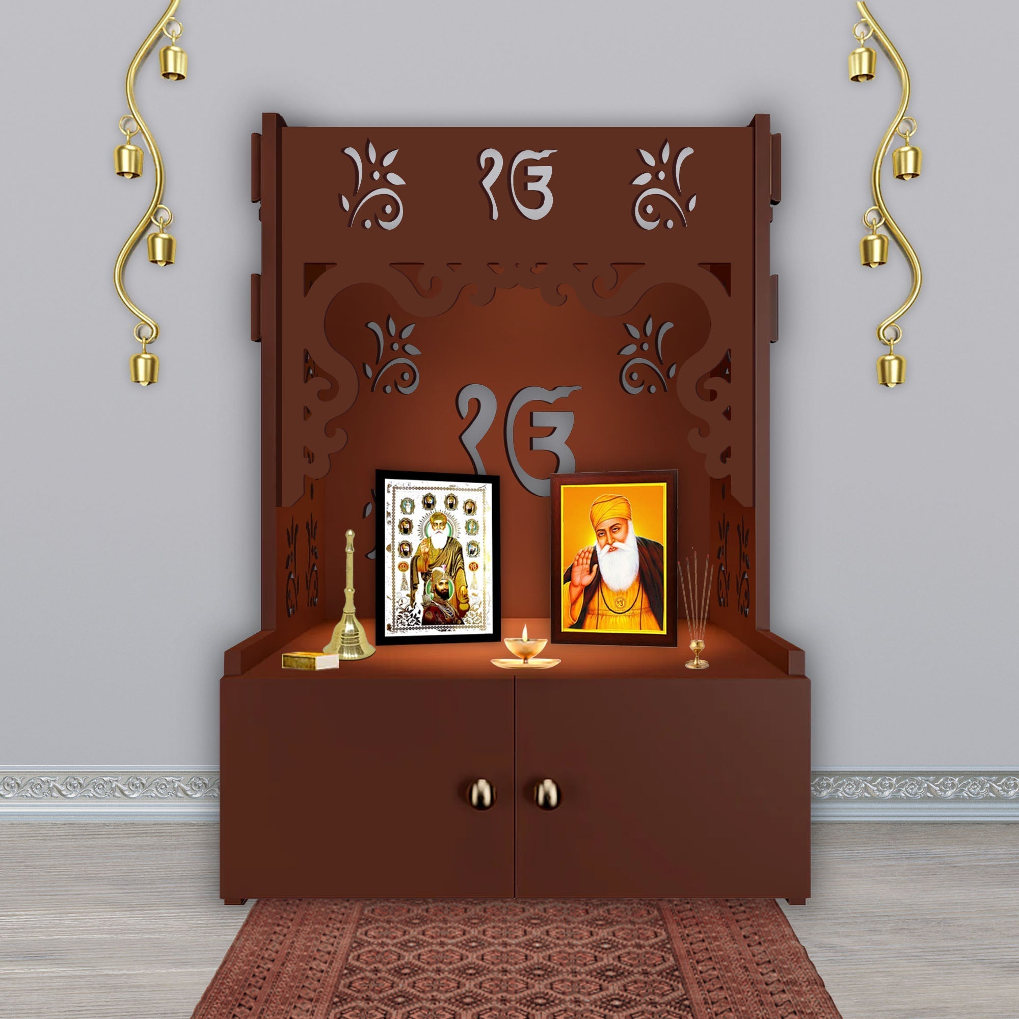 Ek-onkar Holy Symbol Floor Temple with Spacious Wooden Shelf & Inbuilt ...