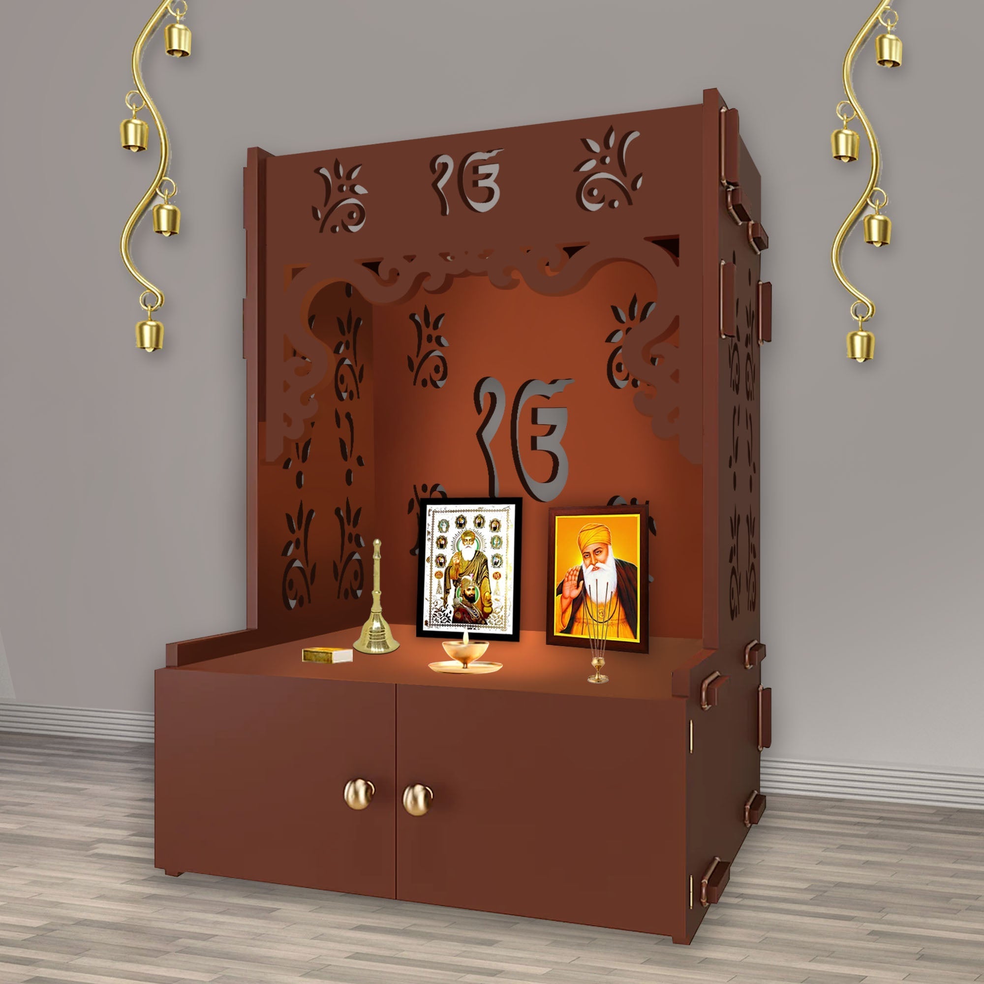 Ek-onkar Holy Symbol Floor Temple with Spacious Wooden Shelf & Inbuilt ...