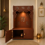 Ek-onkar Holy Symbol Floor Temple with Spacious Wooden Shelf & Inbuilt Focus Light- Brown Finish