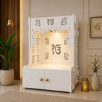 Ek-onkar Holy Symbol Floor Temple with Spacious Wooden Shelf & Inbuilt Focus Light- White Finish