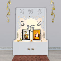 Ek-onkar Holy Symbol Floor Temple with Spacious Wooden Shelf & Inbuilt Focus Light- White Finish