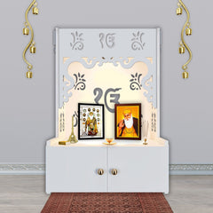 Ek-onkar Holy Symbol Floor Temple with Spacious Wooden Shelf & Inbuilt Focus Light- White Finish 