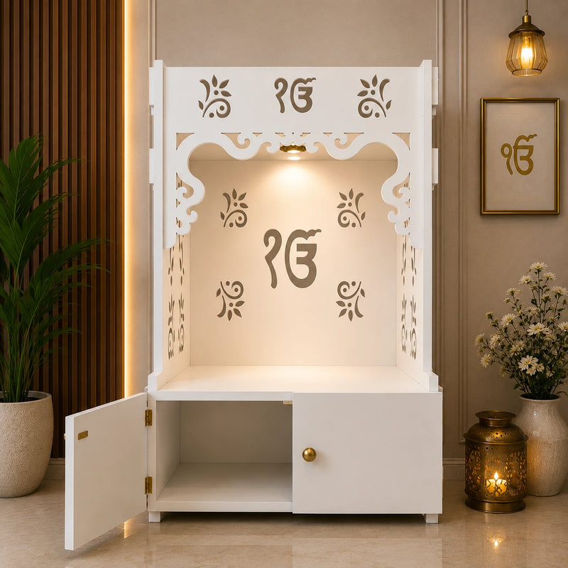 Ek-onkar Holy Symbol Floor Temple with Spacious Wooden Shelf & Inbuilt Focus Light- White Finish