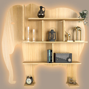 Elephant Shape Designer Wooden Wall Shelf / Book Shelf, with Light oak Finish