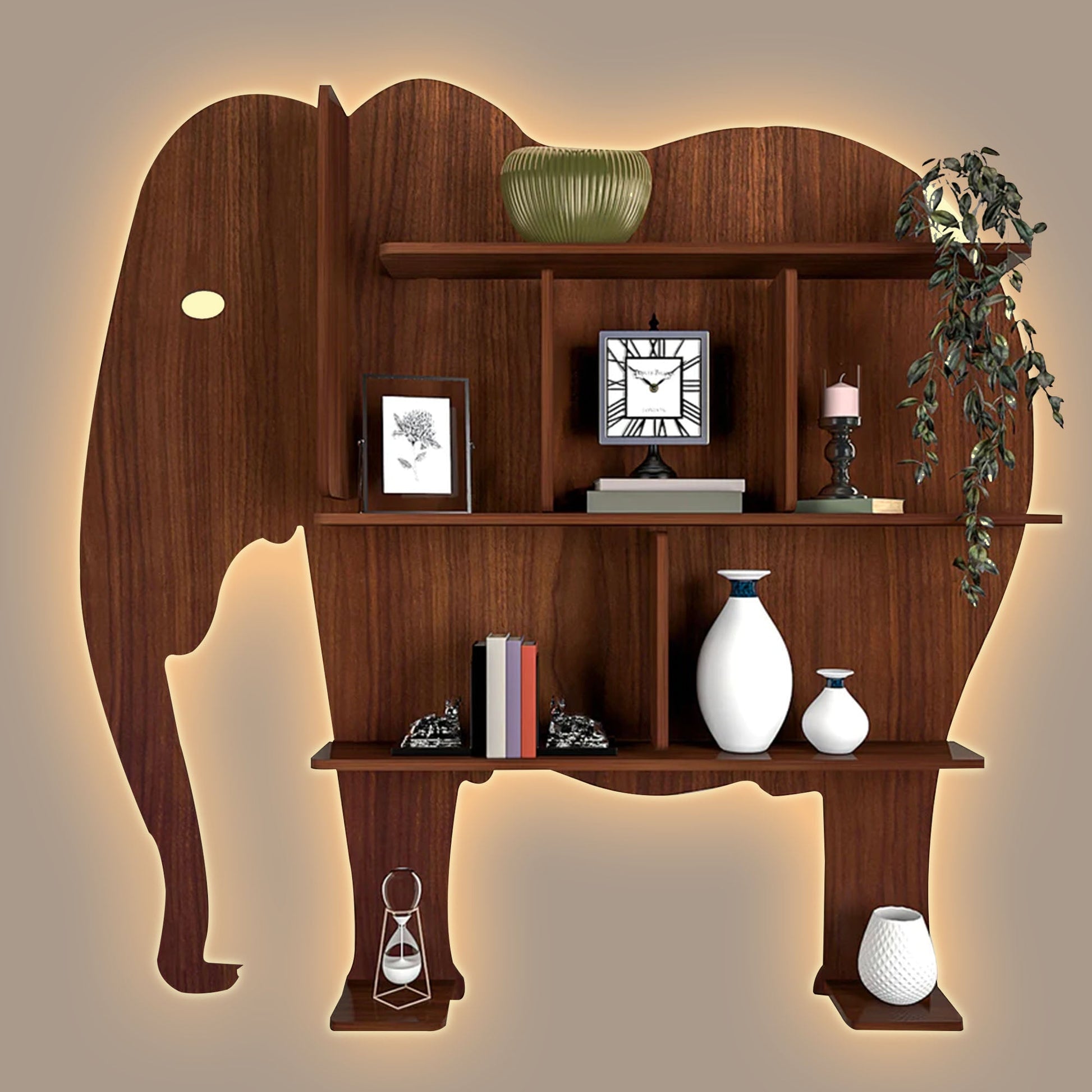 Elephant Shape Desigenr Wooden Wall Shelf / Book Shelf, with Light Walnut Finish