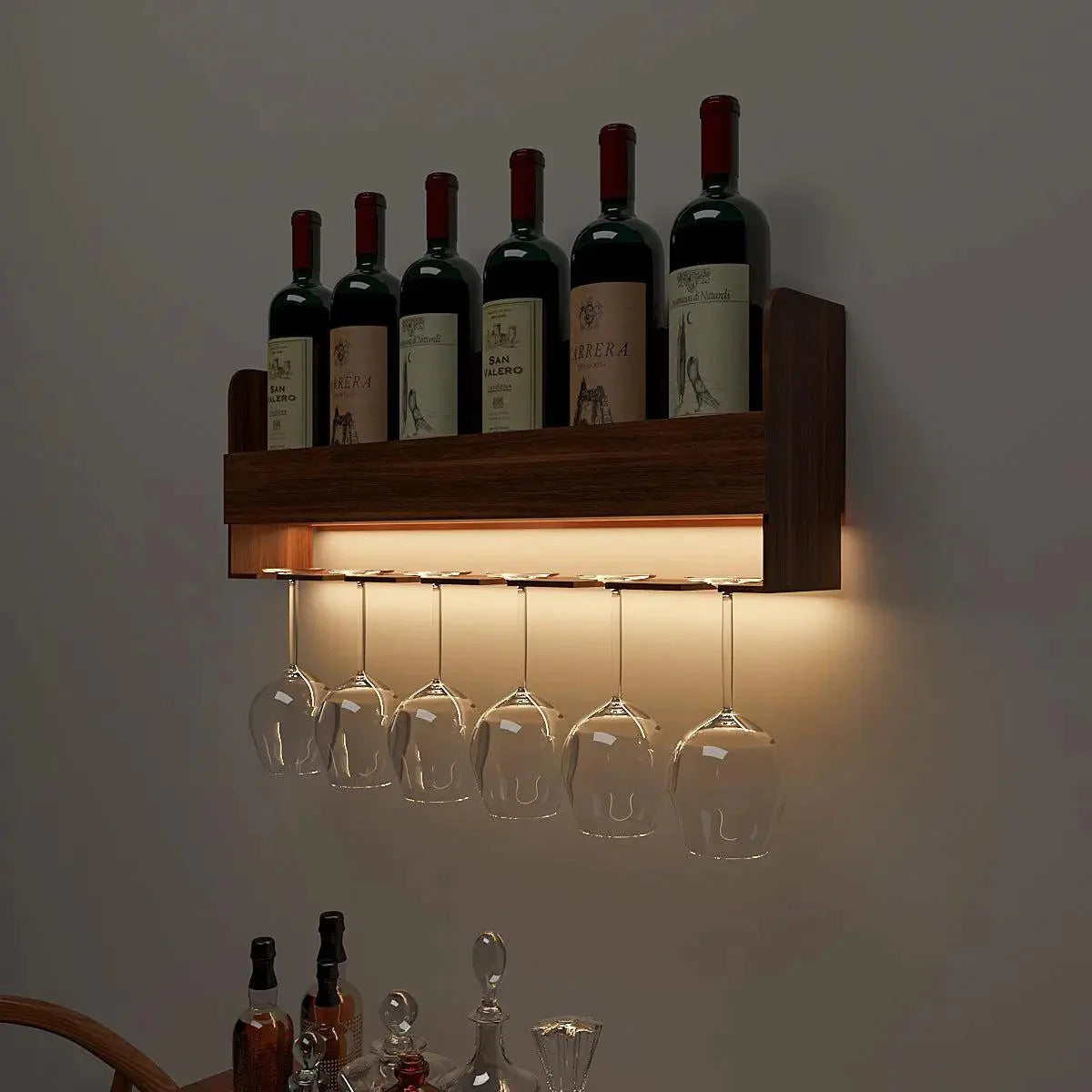 Wood Backlit Design Mini Bar Shelf in Walnut Finish