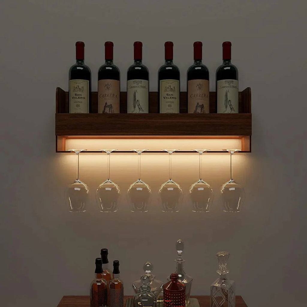 Mini Table Self Engineered Wood Backlit Design Mini Bar Shelf in Walnut Finish