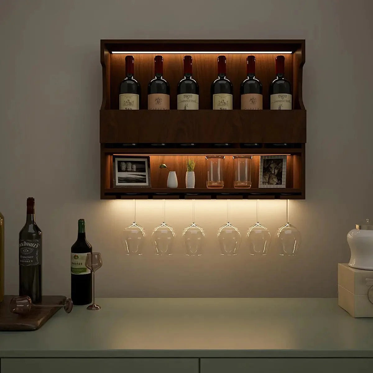 Mini Shelf Layout Exquisite Design Backlit MDF Mini Bar Shelf in Walnut Finish – Vibecrafts