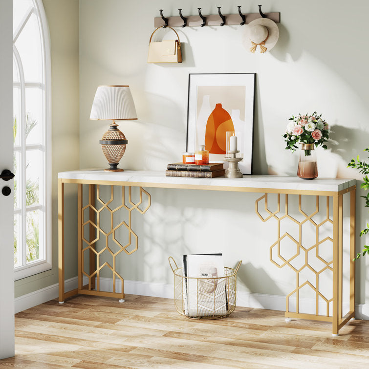 Exquisite Geometric White Faux Marble Robust And Enduring Frame Console Table