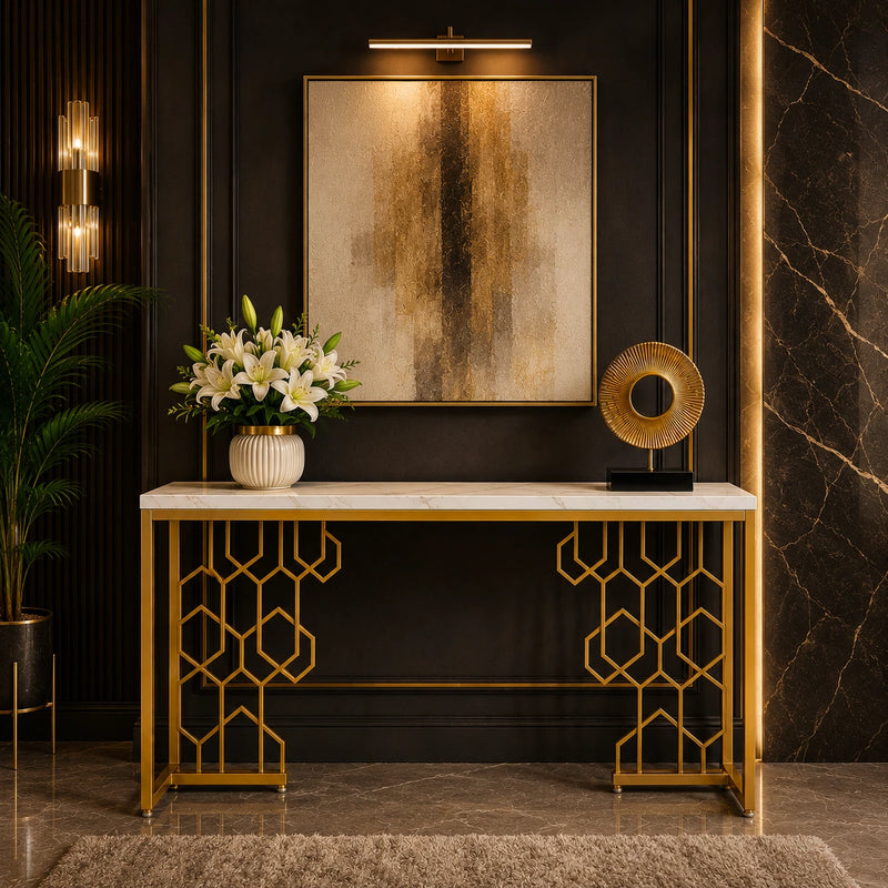 Exquisite Geometric White Faux Marble Robust And Enduring Frame Console Table
