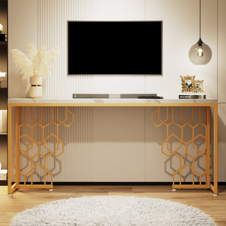 Exquisite Geometric White Faux Marble Robust And Enduring Frame Console Table