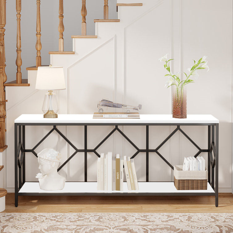 Extra Long White Black Durable Marble 2 Tier Console Table