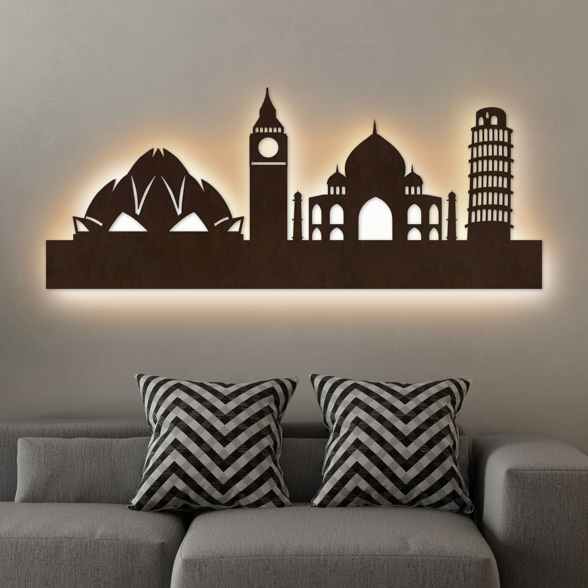 Famous Architectures Backlit Design Wooden Wall Hanging with LED Night Light Walnut Finish