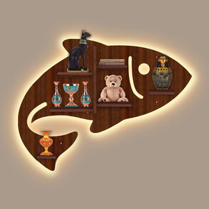 Fish Shape Wooden Wall Shelf LED Light Wall Shelf with Walnut Finish