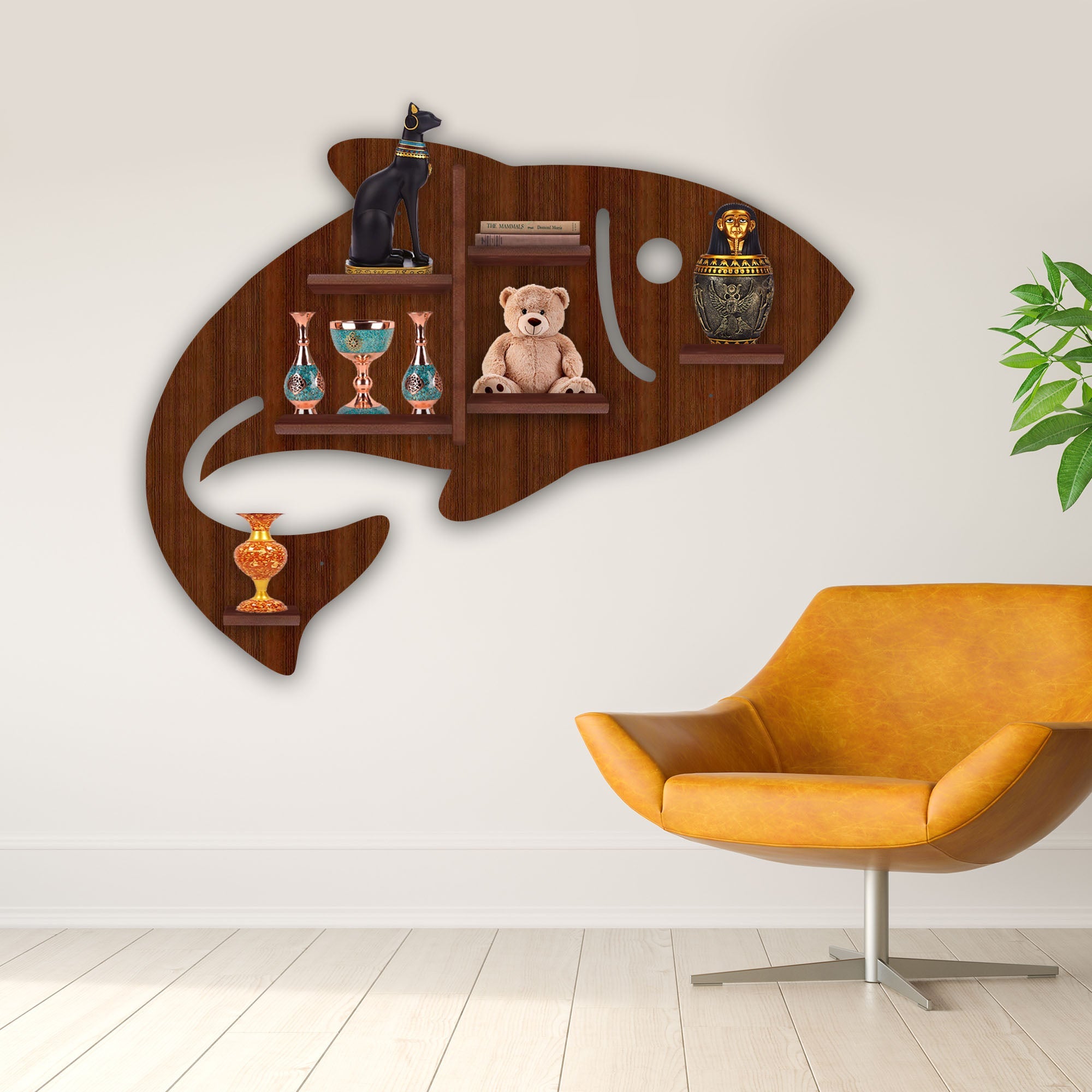 Fish Shape Wooden Wall Shelf LED Light Wall Shelf with Walnut Finish ...