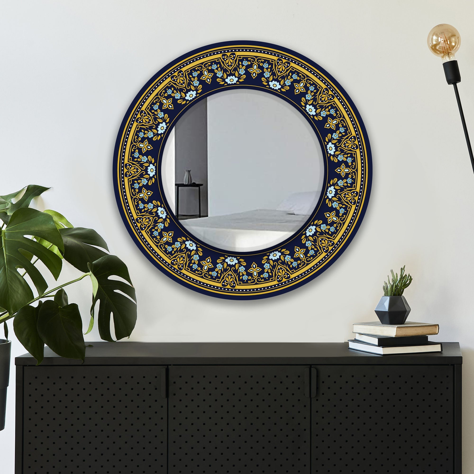 Floral Blue Flower Design Art Printed Wall Mirror