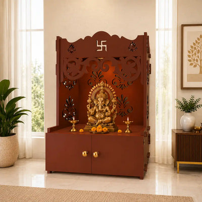 Floral Designer Pattern Floor Temple with Spacious Wooden Shelf & Inbuilt Focus Light- Brown Finish