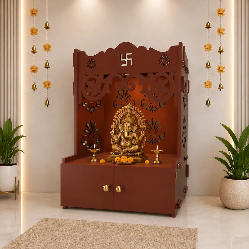 Floral Designer Pattern Floor Temple with Spacious Wooden Shelf & Inbuilt Focus Light- Brown Finish