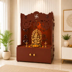 Floral Designer Pattern Floor Temple with Spacious Wooden Shelf & Inbuilt Focus Light- Brown Finish