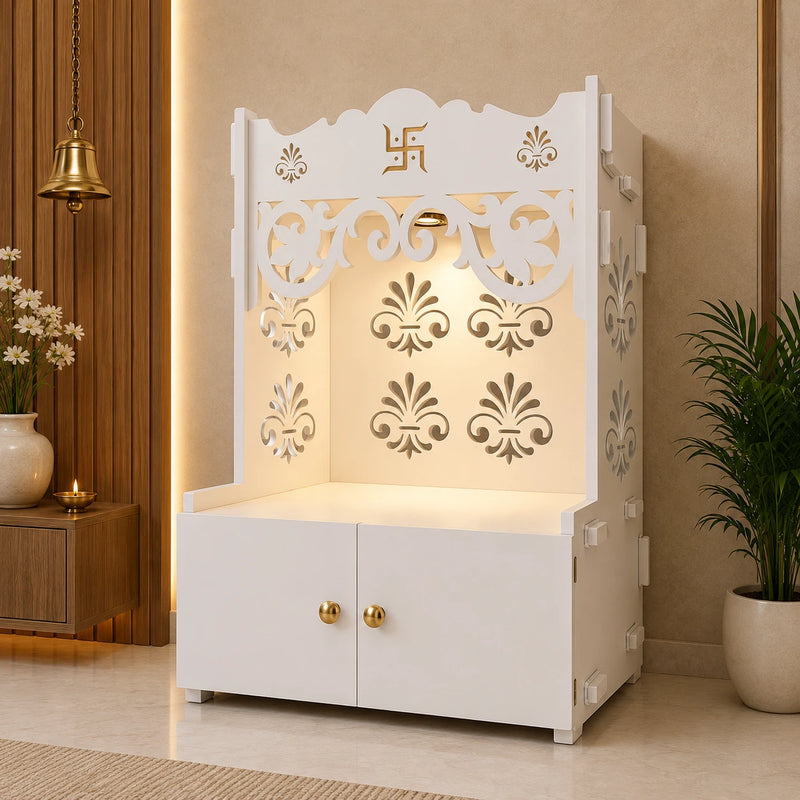 Floral Designer Pattern Floor Temple with Spacious Wooden Shelf & Inbuilt Focus Light- White Finish