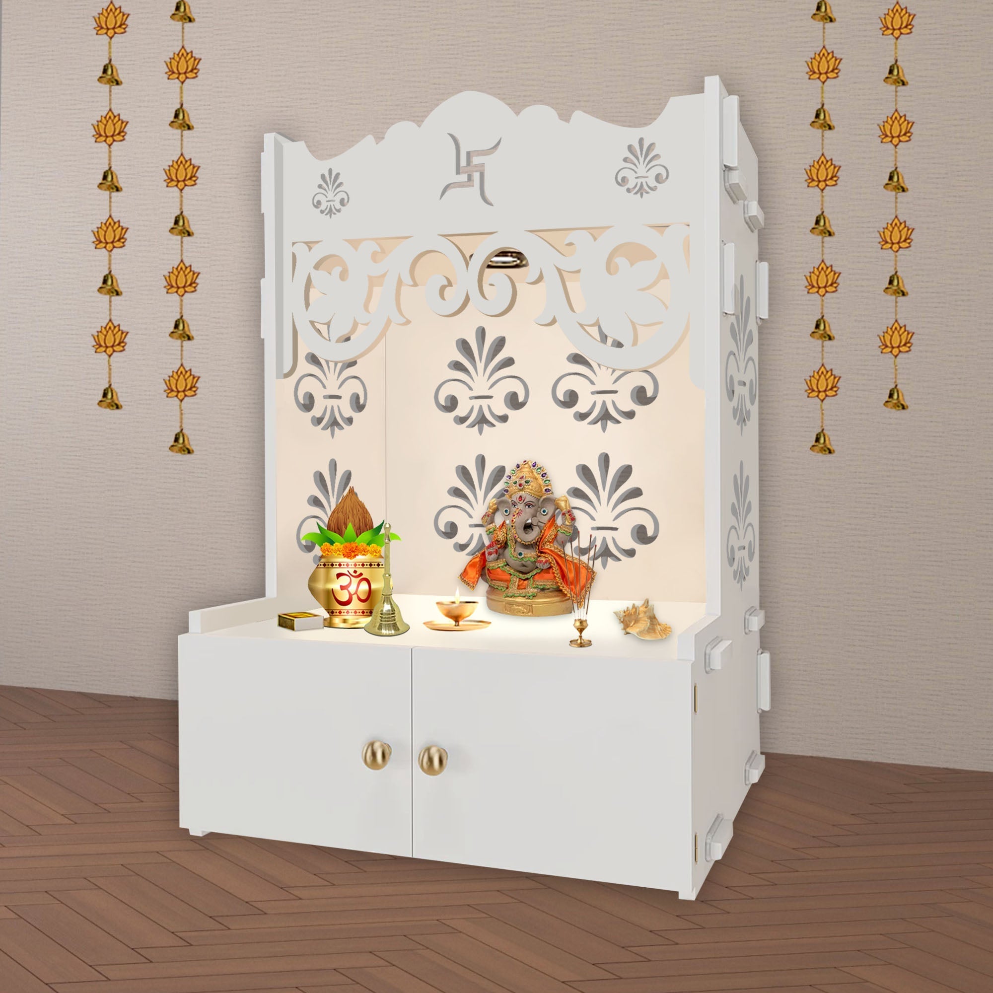 Floral Designer Pattern Floor Temple with Spacious Wooden Shelf & Inbu ...