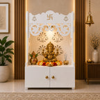 Floral Designer Pattern Floor Temple with Spacious Wooden Shelf & Inbuilt Focus Light- White Finish