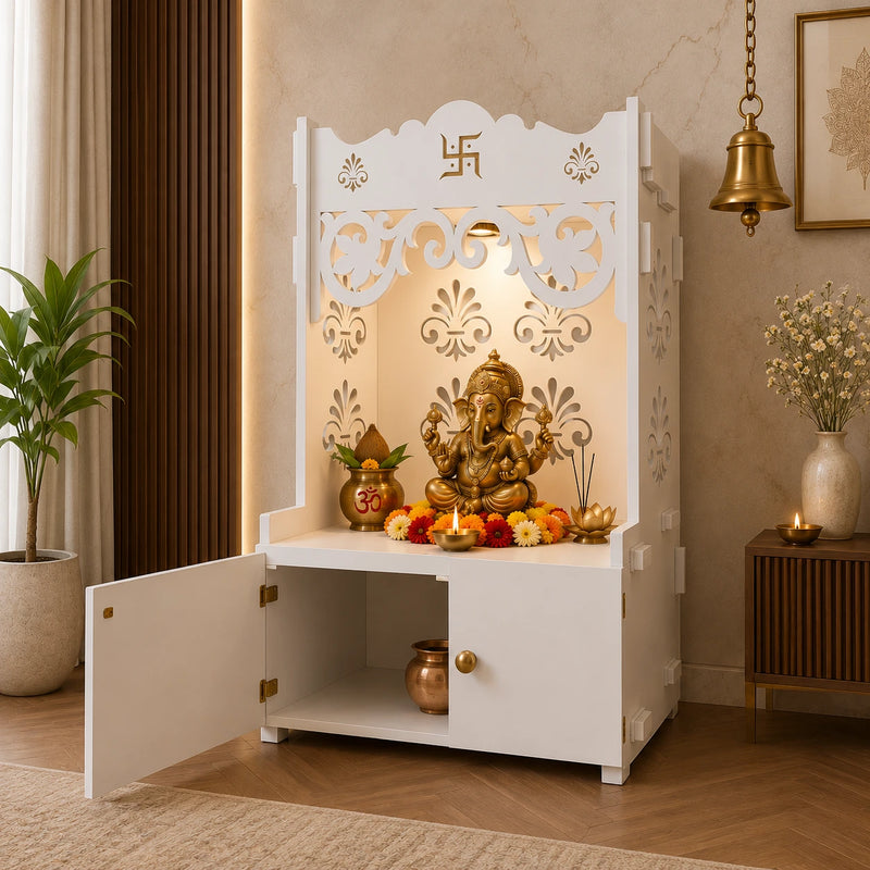 Floral Designer Pattern Floor Temple with Spacious Wooden Shelf & Inbuilt Focus Light- White Finish