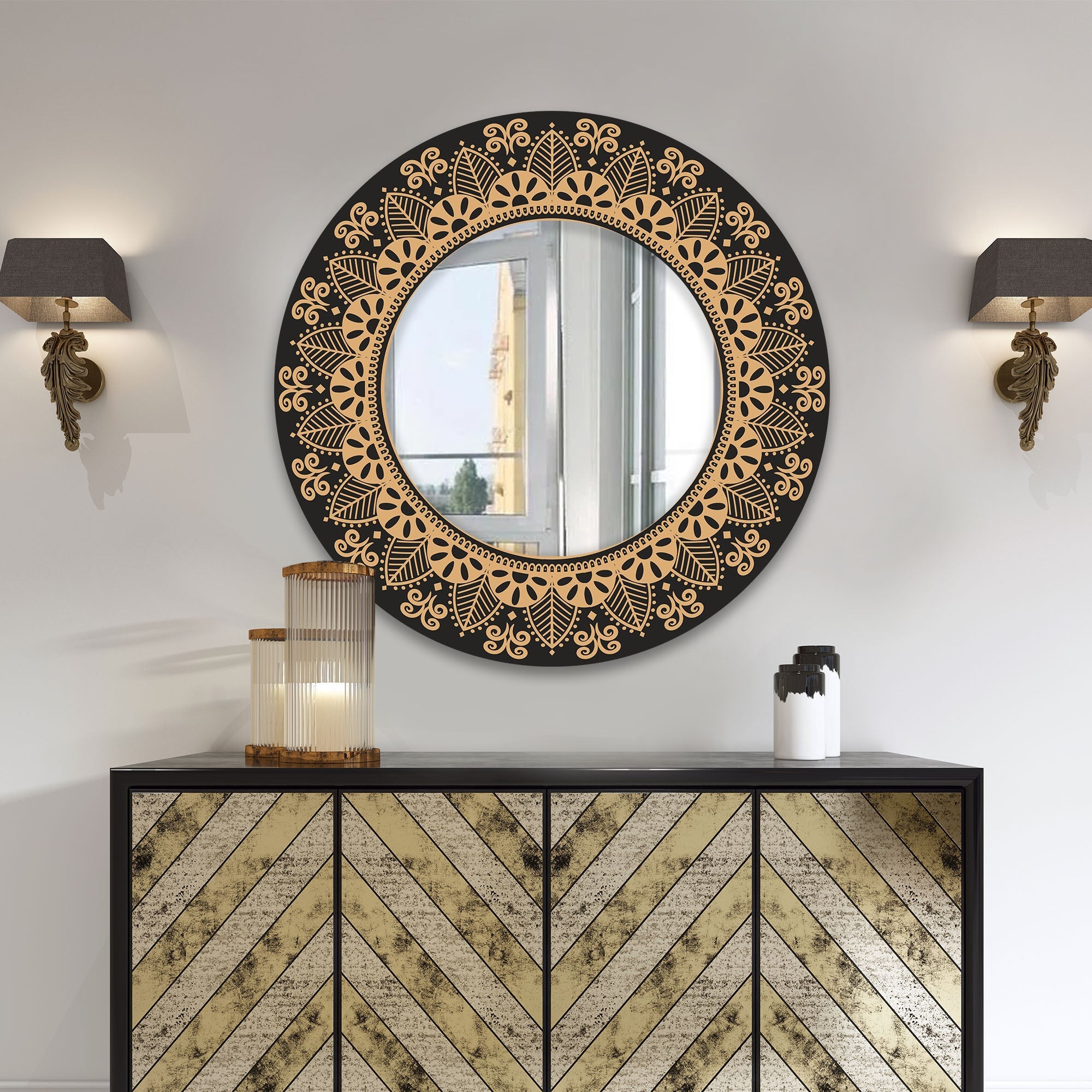 Floral Mandala Design Art Round Printed Wall Mirror