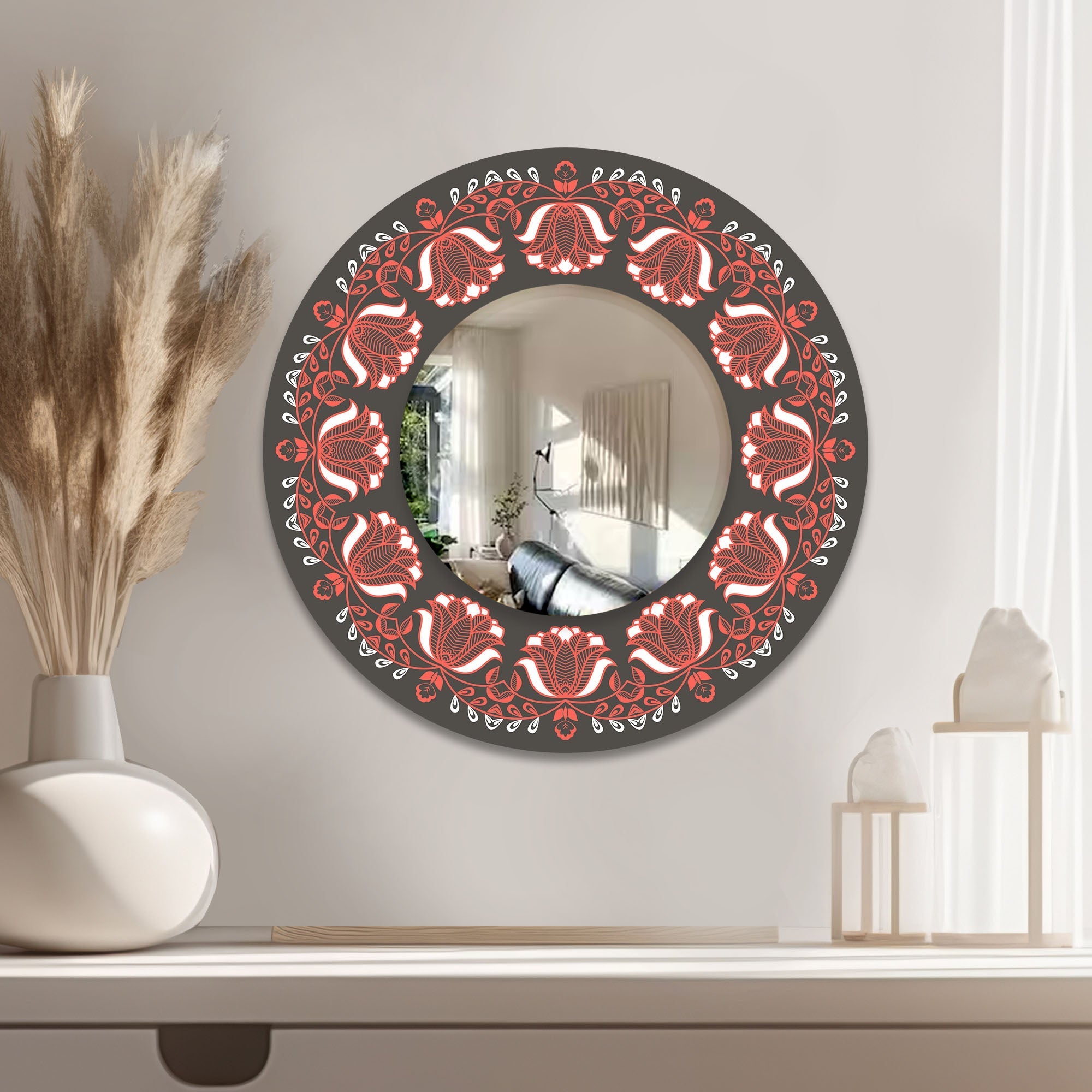 Floral Red Flower Designer Art Printed Wall Mirror