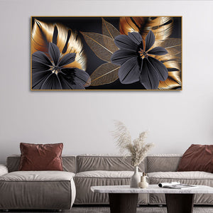 Flowers with Golden Monstera Leaves Wall Painting