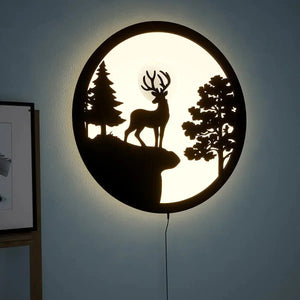 Full Moon Rounded Reindeer Backlit Wooden Wall Decor with LED Night Light