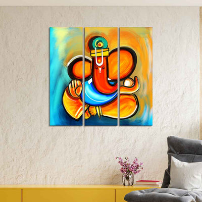 Ganesha Canvas Wall Painting Set of 3 Pieces