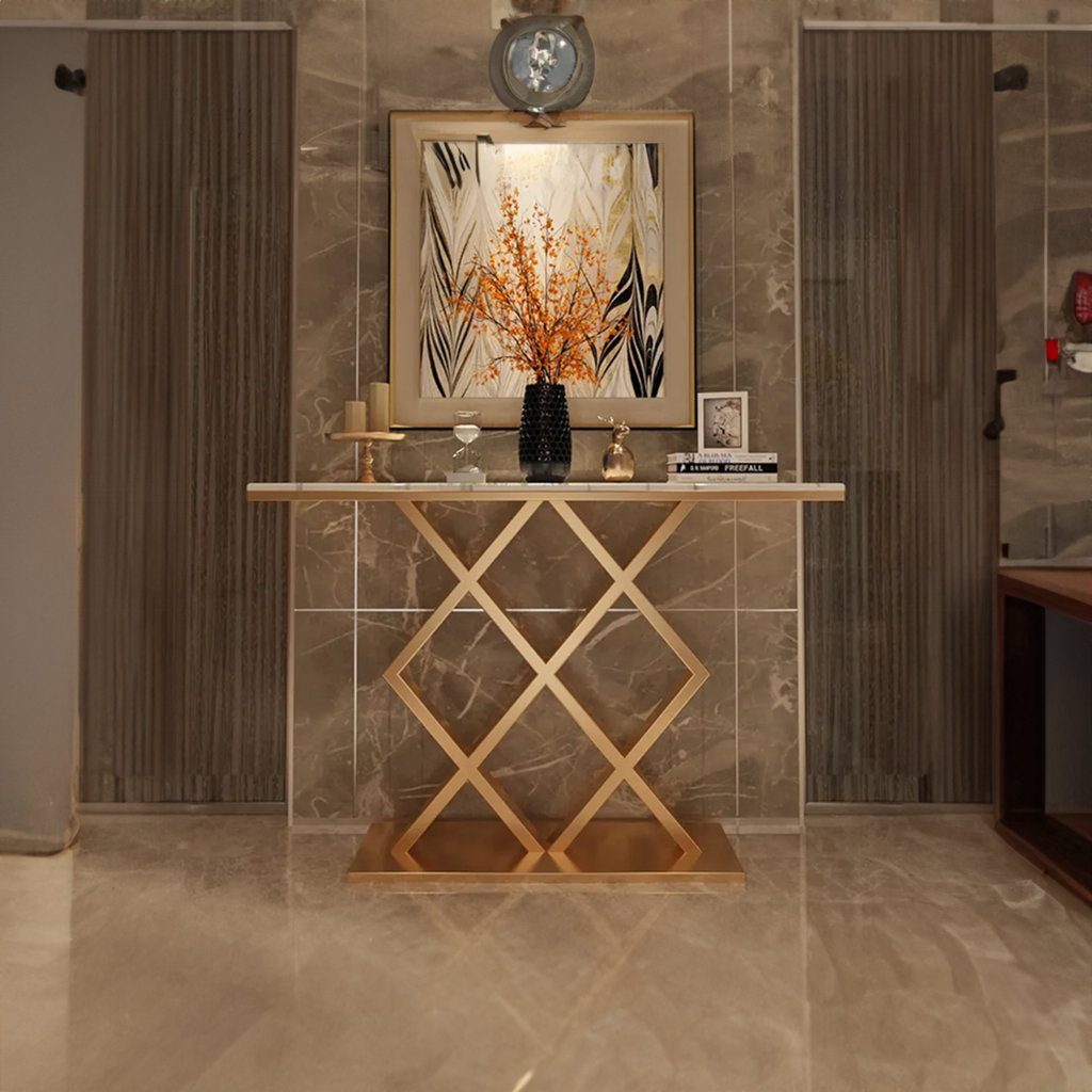 Image showcasing Geometric Criss Cross Pattern Contemporary Console Table – Vibecrafts