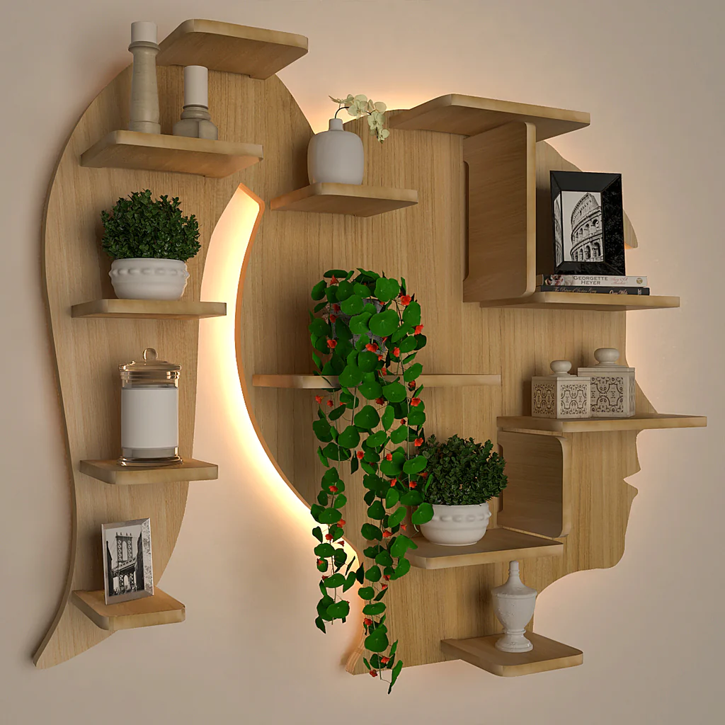 Girl Backlit Designer Wooden Wall Shelf / Book Shelf / Night Light, Light Oak Finish