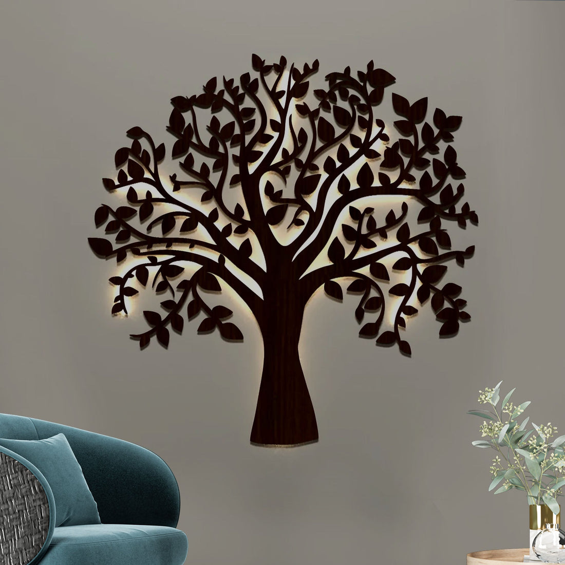 Glowing Tree Backlit Wooden Wall Art with LED Night Light Walnut Finish