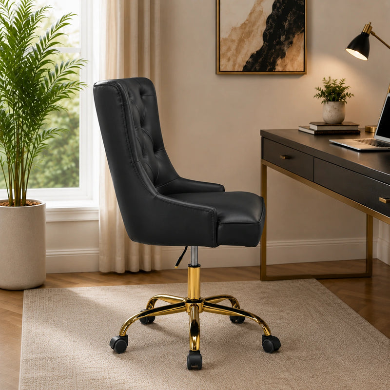 Golden Button Edge Black Leatherette Premium Armchair