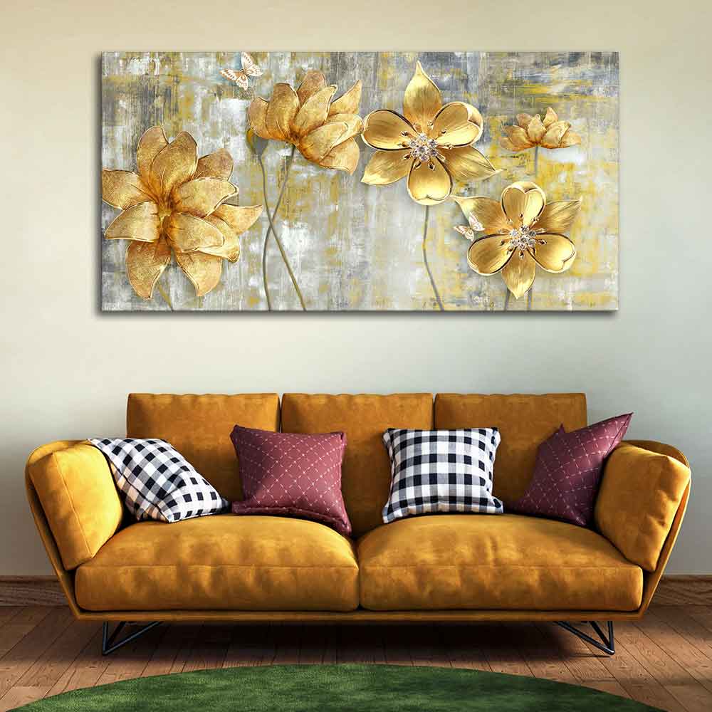 Golden Flowers Abstracts Art Premium Canvas Wall Painting